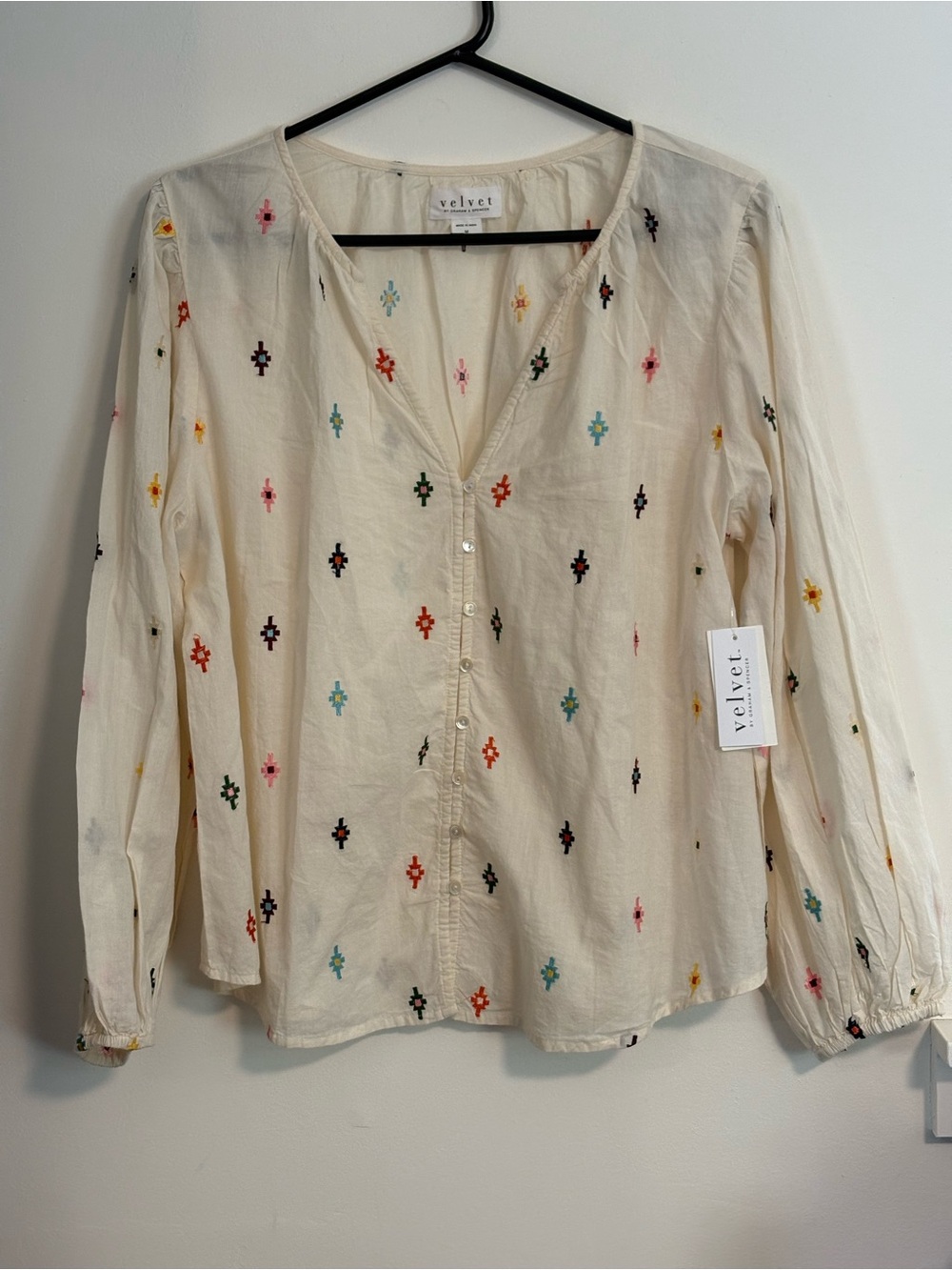 NWT Velvet Cream Embroidered Boho Button-Front Women's Top